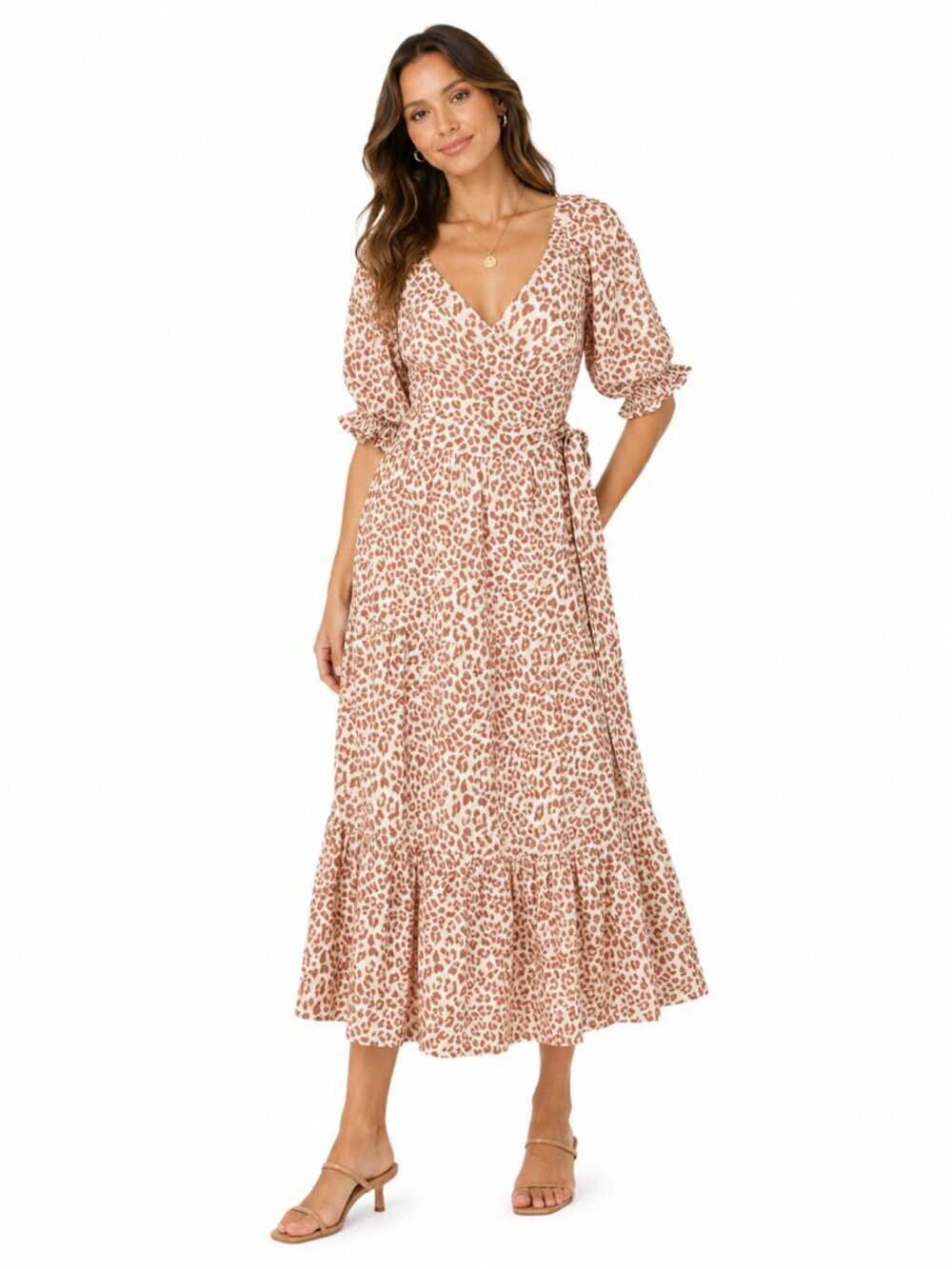 KIVARI Blush Pink Leopard Linen Maxi Wrap Dress US Size 8